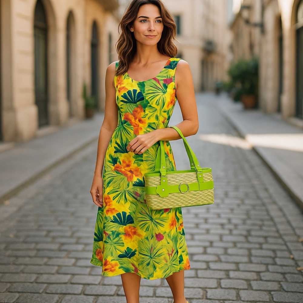 Spago lime green with tropical design! Dress